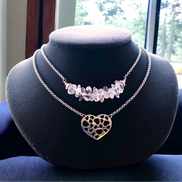 Silverskylight Jewelry - Crystal heart necklace . Double Layer crystal quartz valentine heart boho choker
